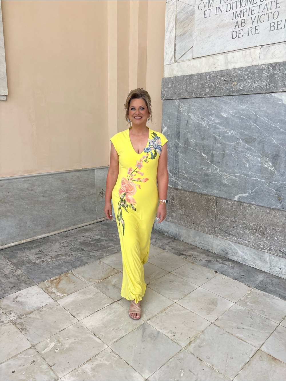 Mac Duggal Yellow Floral V-Neck Maxi Dress